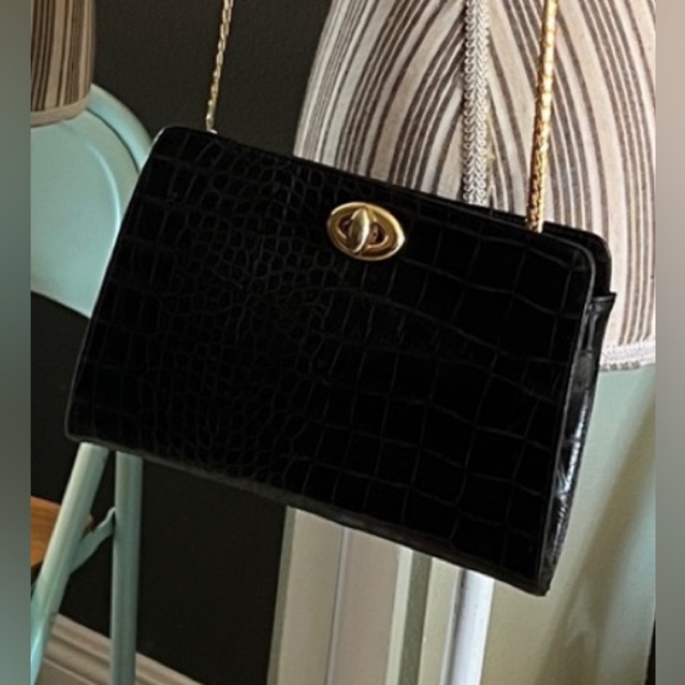 🛑 1 hour sale. Antonio Scebi Genuine Leather Black Crocodile Embossed Bag - Picture 1 of 10